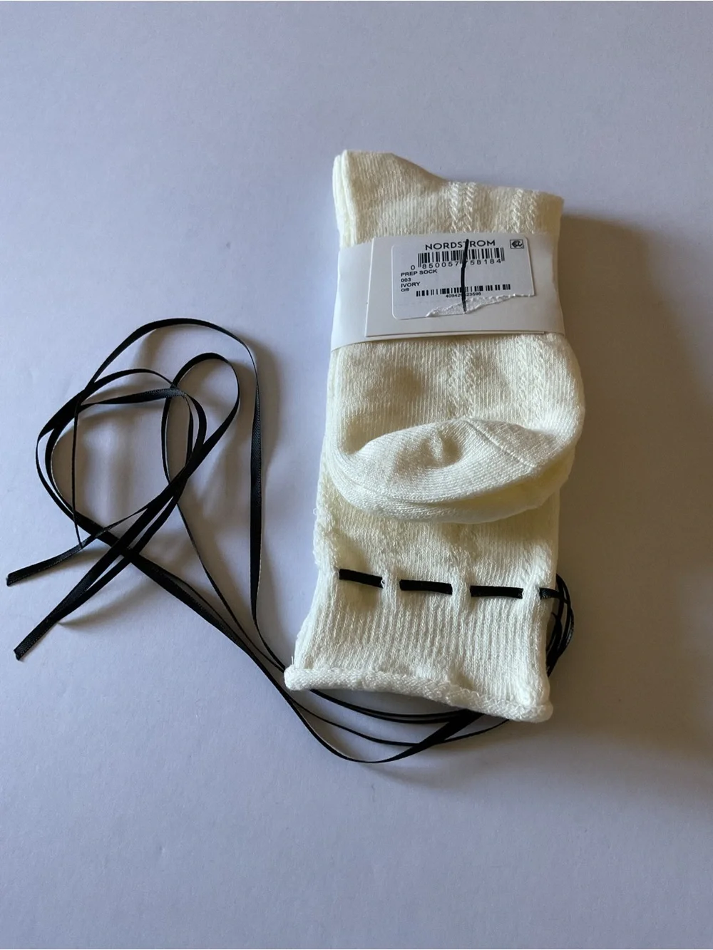 CASA CLARA WOMENS PREP SOCK IVORY WITH BLACK RIBBONS OS NWT